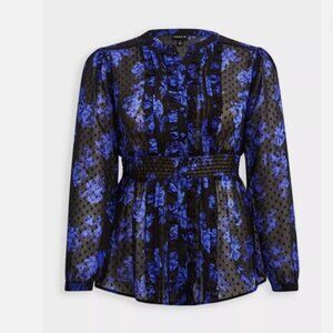 Torrid Black Blue Floral Print Ruffle Size 4x Long Sleeve Button Front Closure
